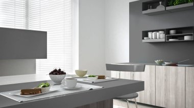 Minimalist gri mutfak ahşap ve gri ayrıntılarla, vegetari