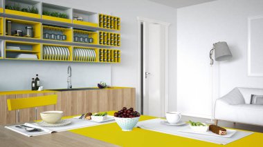 Minimalist beyaz mutfak ahşap ve sarı ayrıntılarla, sebze