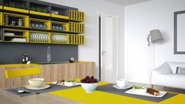 Minimalist gri mutfak ahşap ve sarı ayrıntılarla, vegeta