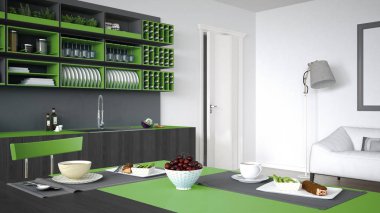 Ağaç ve yeşil Ayrıntılar, vegetar ile minimalist gri mutfak