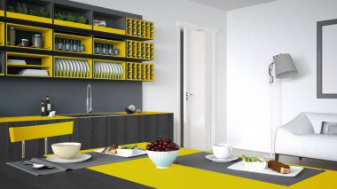 Minimalist gri mutfak ahşap ve sarı ayrıntılarla, vegeta