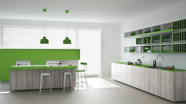 Cucina bianca scandinava con dettagli in legno e verde, minimi — Foto Stock