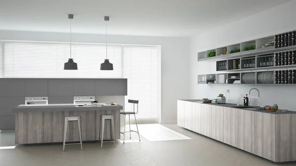 Scandinavian white kitchen with wooden and gray details, minimal — Stock Photo, Image