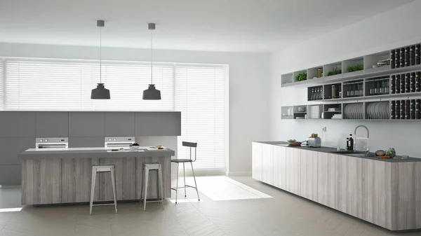 Cocina blanca escandinava con detalles de madera y gris, mínimo — Foto de Stock