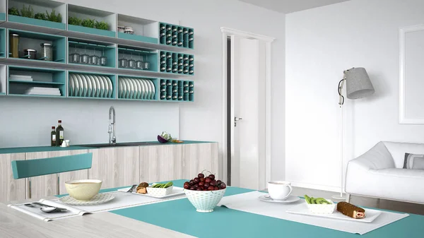 Minimalistiskt vitt kök med trä och turkosa detaljer, ve — Stockfoto