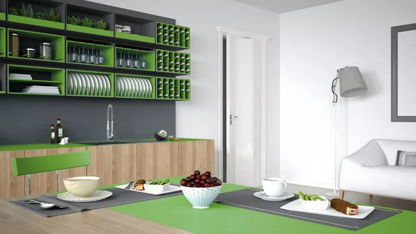 Cucina minimalista grigia con dettagli in legno e verde, vegetariana — Foto Stock