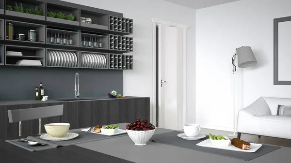 Мінімалістична сіра кухня з дерев'яними і сірими деталями, вегетаріанський — стокове фото