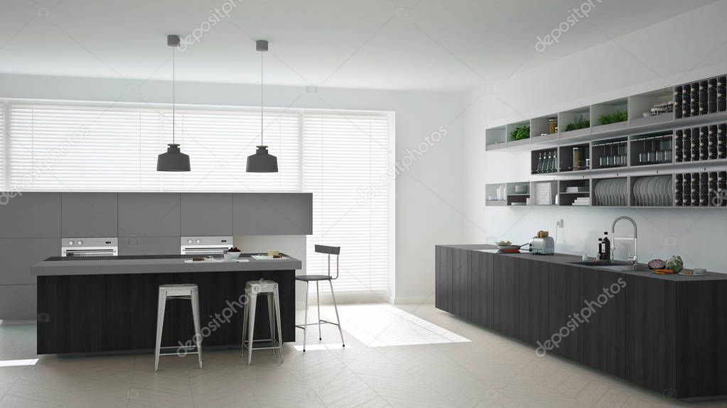 Scandinavian white kitchen with wooden and gray details, minimal