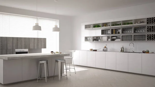 Cozinha branca escandinava, design de interiores minimalista — Fotografia de Stock