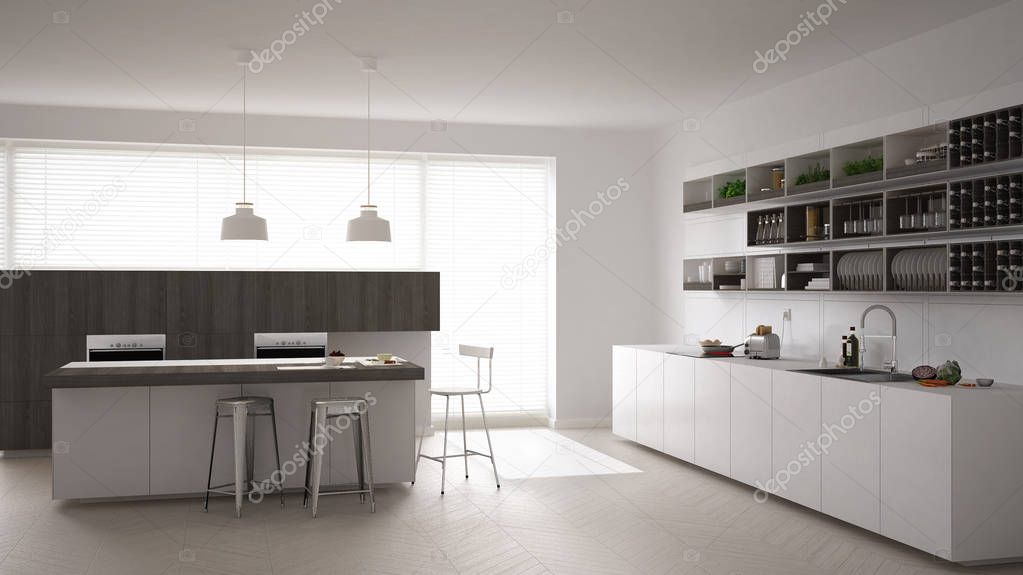 Scandinavian white kitchen, minimalistic interior design