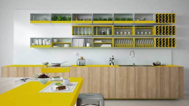 Minimalist beyaz mutfak ahşap ve sarı ayrıntılarla, sebze