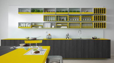 Minimalist beyaz mutfak ahşap ve sarı ayrıntılarla, sebze