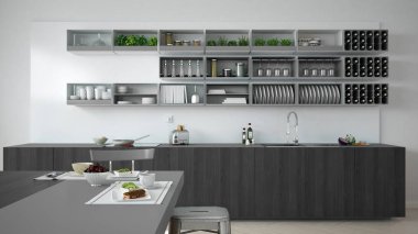 Minimalist beyaz mutfak ahşap ve gri ayrıntılarla, vegetar