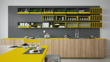 Minimalist gri mutfak ahşap ve sarı ayrıntılarla, vegeta