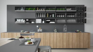 Minimalist gri mutfak ahşap ve gri ayrıntılarla, vegetari