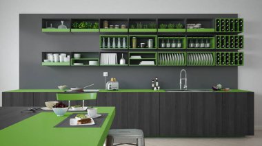 Ağaç ve yeşil Ayrıntılar, vegetar ile minimalist gri mutfak