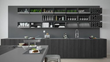 Minimalist gri mutfak ahşap ve gri ayrıntılarla, vegetari