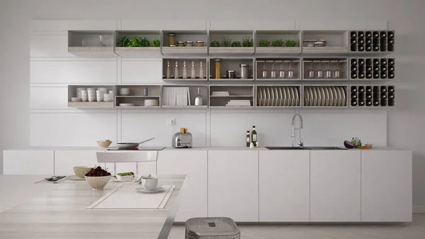 Скандальная белая кухня с завтраком, минималистичный интерьер — стоковое фото
