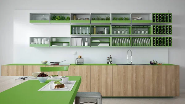 Minimalistiskt vitt kök med trä och gröna detaljer, vegeta — Stockfoto