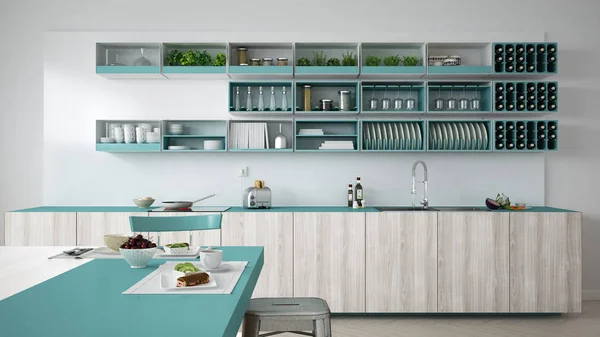 Minimalistische weiße Küche mit hölzernen und türkisfarbenen Details, — Stockfoto