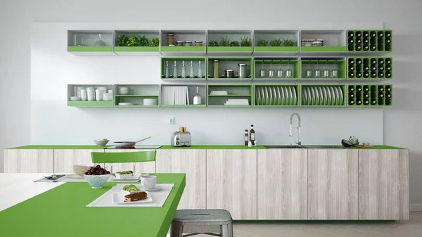 Cozinha minimalista branca com detalhes de madeira e verde, vegeta — Fotografia de Stock