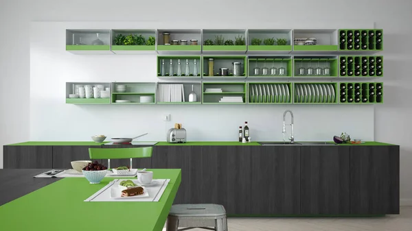Cozinha minimalista branca com detalhes de madeira e verde, vegeta — Fotografia de Stock