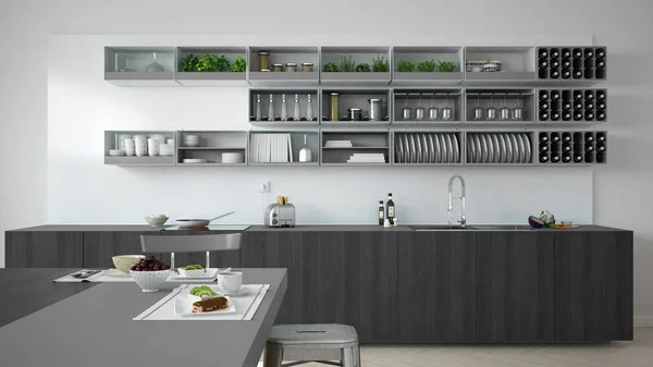 Cucina minimalista bianca con dettagli in legno e grigio, vegetariana — Foto Stock