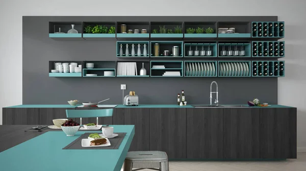 Minimalistic gray kitchen with wooden and turquoise details, veg — Stock Photo, Image