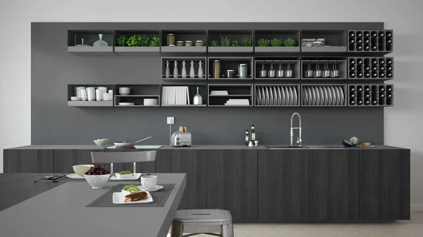 Minimalistisk grått kök med detaljer i trä och grå, vegetariska — Stockfoto
