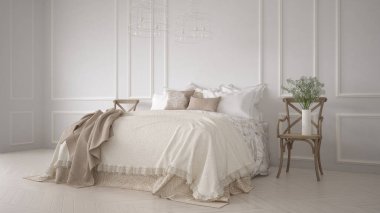 Minimalist klasik yatak odası, beyaz iç tasarım