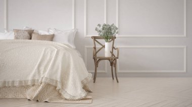 Minimalist klasik yatak odası, beyaz iç tasarım