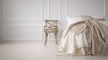 Minimalist klasik yatak odası, beyaz iç tasarım