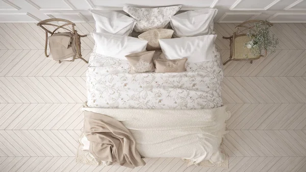 Minimalistisk klassiska sovrum, ovanifrån, vit inredning och design — Stockfoto