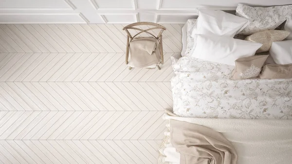 Minimalistisk klassiska sovrum, ovanifrån, vit inredning och design — Stockfoto