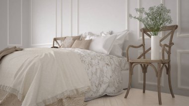 Minimalist klasik yatak odası, beyaz iç tasarım