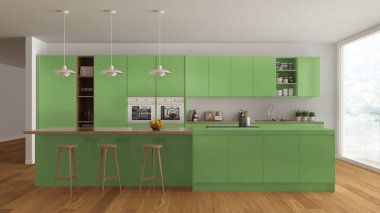 Ağaç ve yeşil ayrıntılarla, minima İskandinav beyaz mutfak