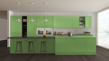 Ağaç ve yeşil ayrıntılarla, minima İskandinav beyaz mutfak