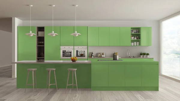 Cozinha branca escandinava com detalhes de madeira e verde, mínimos — Fotografia de Stock