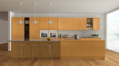 İskandinav beyaz mutfak ahşap ve turuncu ayrıntılarla birlikte görülme