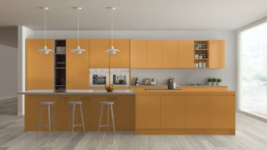 İskandinav beyaz mutfak ahşap ve turuncu ayrıntılarla birlikte görülme