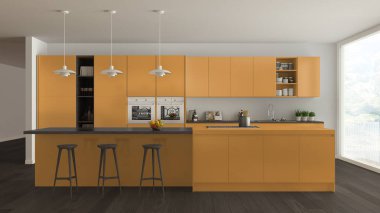 İskandinav beyaz mutfak ahşap ve turuncu ayrıntılarla birlikte görülme