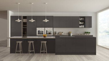 İskandinav beyaz mutfak ahşap ve gri detayları, en az