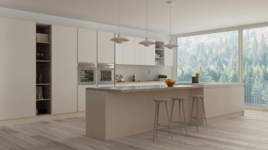 Ayrıntılarla ahşap ve beyaz minima İskandinav beyaz mutfak