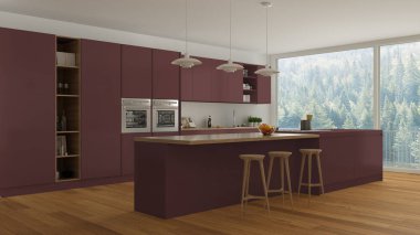 İskandinav beyaz mutfak ahşap ve kırmızı ayrıntılarla, minimali