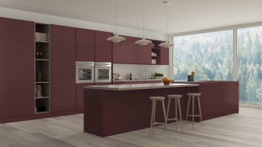 İskandinav beyaz mutfak ahşap ve kırmızı ayrıntılarla, minimali