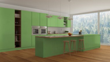 Ağaç ve yeşil ayrıntılarla, minima İskandinav beyaz mutfak