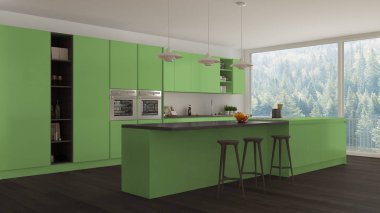 Ağaç ve yeşil ayrıntılarla, minima İskandinav beyaz mutfak