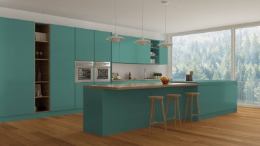İskandinav beyaz mutfak ahşap ve turkuaz detayları, mi