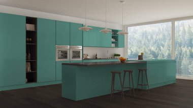 İskandinav beyaz mutfak ahşap ve turkuaz detayları, mi