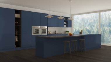 İskandinav beyaz mutfak ahşap ve mavi bilgileri, en az ile